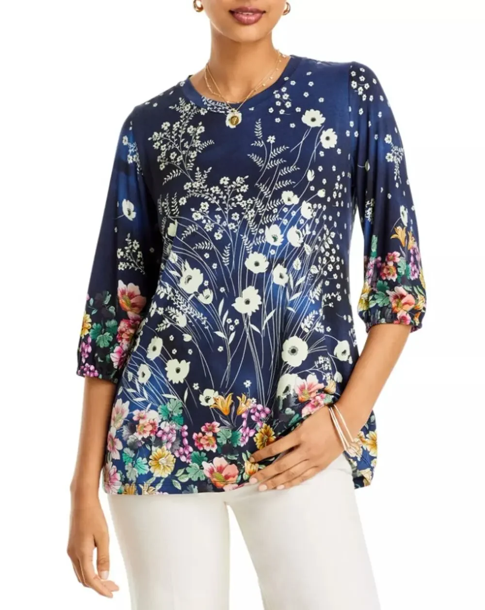 Johnny Was Janie Favorite Puff Sleeve Top Bursting Floral Navy Size Medium